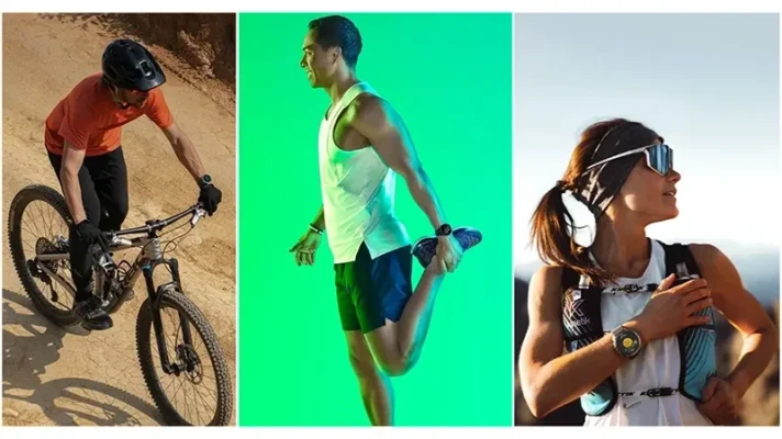 Sportifs portant des montres connectées pendant des activités physiques : VTT, étirements et trail en montagne.
