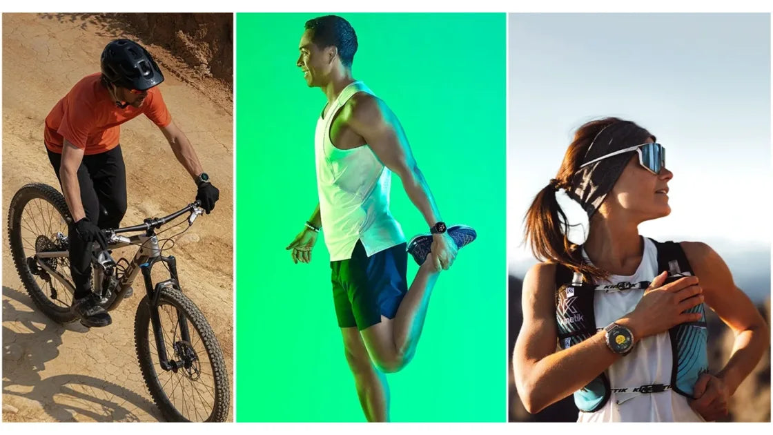 Sportifs portant des montres connectées pendant des activités physiques : VTT, étirements et trail en montagne.