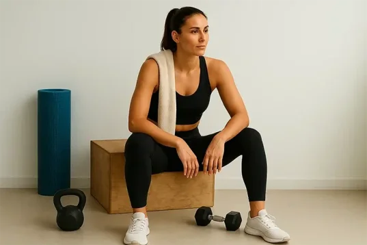 Femme sportive assise sur un caisson d’entraînement avec kettlebell et haltères dans une salle de sport moderne.