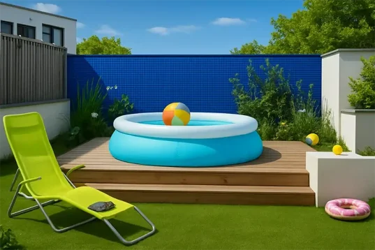 Jardin ensoleillé avec piscine gonflable, ballon de plage coloré et chaise longue pour l’été.