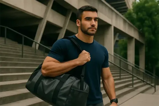 Homme athlétique tenant un sac de sport noir et rouge devant un mur urbain moderne.
