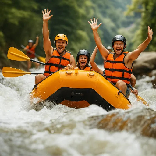Groupe de personnes faisant du rafting en eaux vives avec enthousiasme et joie sur une rivière en pleine nature